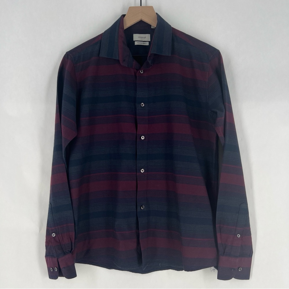 Minimal Men's Cotton Navy & Burgundy Striped Slim Fit Button Front Shirt S/M